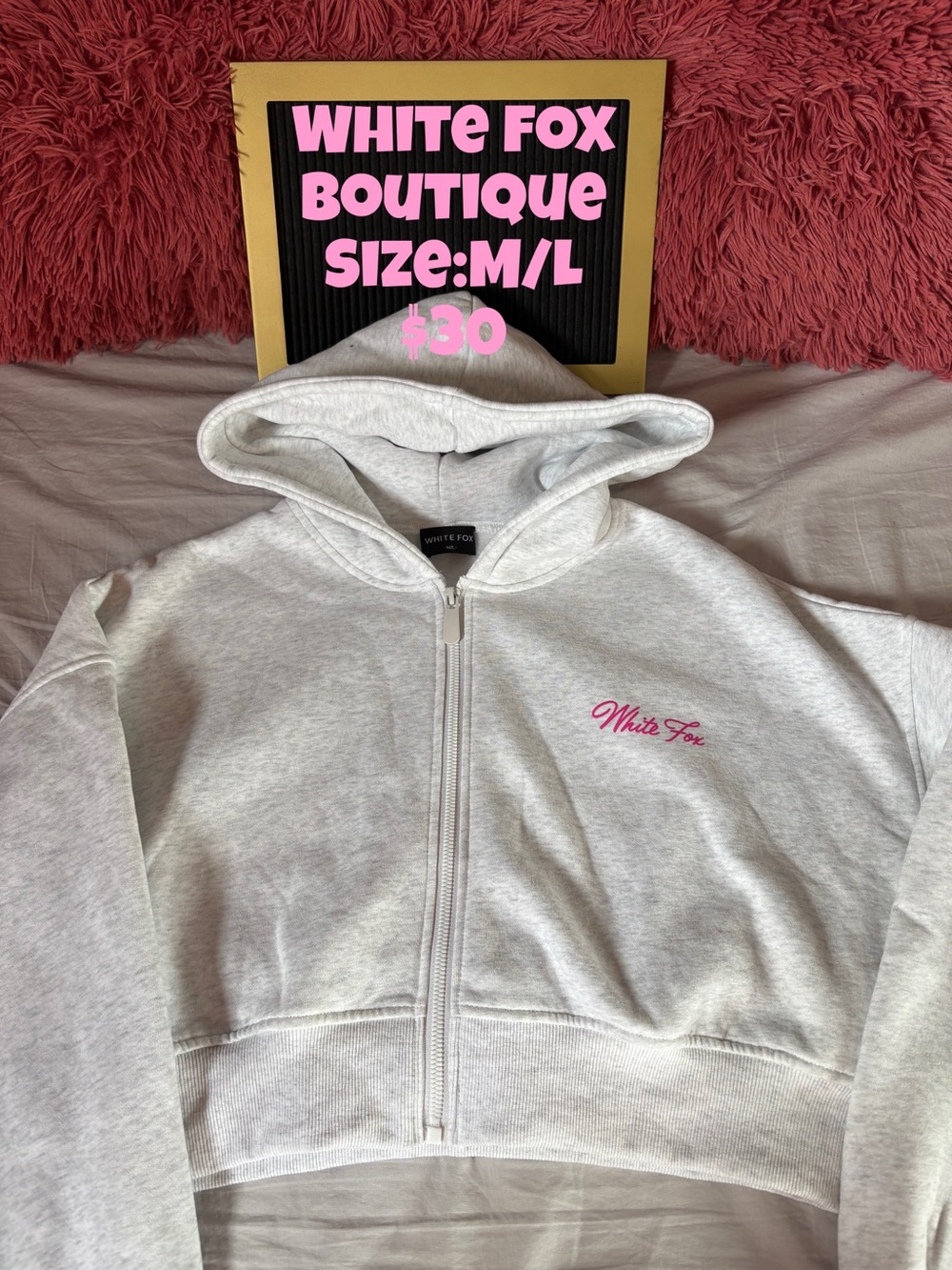 White Fox Boutique Light Gray Zip-Up Hoodie with Pink Logo